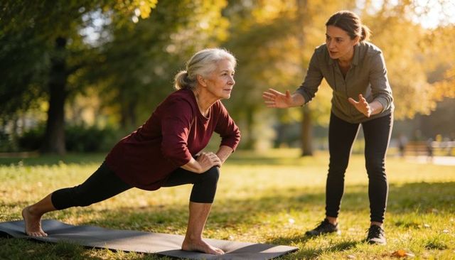 Senior woman stretching with personal trainer during outdoor yoga session at golden hour