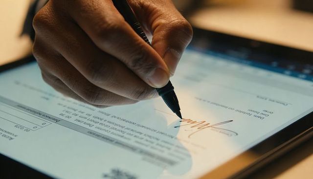 Signing Digital Contract on Tablet with Stylus — Closeup Hand Creating Cursive E-Signature