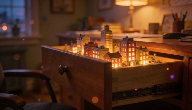 Glowing miniature city living inside open wooden desk drawer in cozy home office