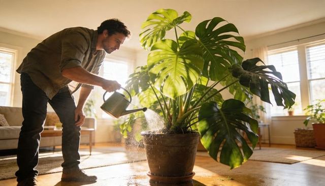 Man watering large monstera indoors in sunlit cozy living room nurturing houseplant care