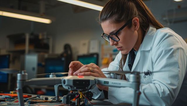 Female engineer adjusting drone prototype on workbench in electronics lab