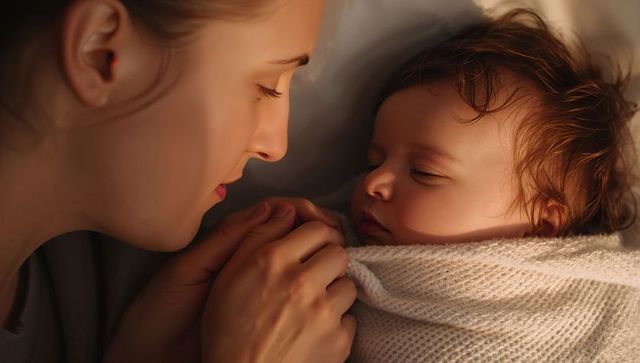 Mother leaning over swaddled newborn cradling hands in knit blanket warm bonding moment