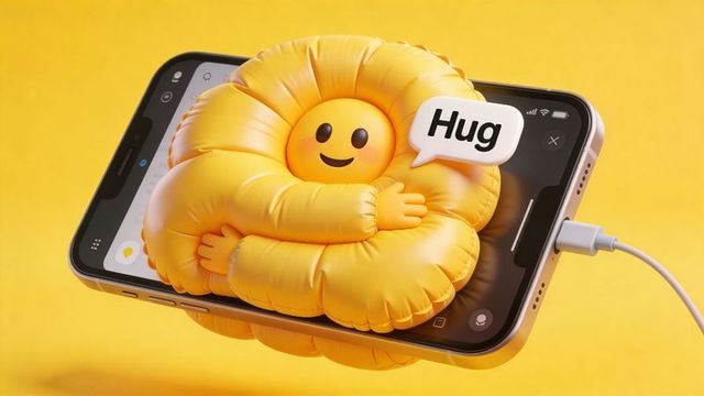 Smiling inflatable hug emoji emerging from smartphone screen with charging cable on yellow