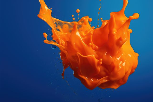 Close up of orange liquid splashing on blue background created using generative ai technology. Liquid and colour concept digitally generated image.