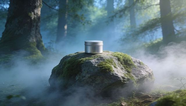 Silver travel tin resting on mossy boulder in misty sunlit forest for natural skincare