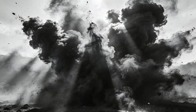 Monochrome cataclysmic smoke plume rising over barren ground with dramatic light rays