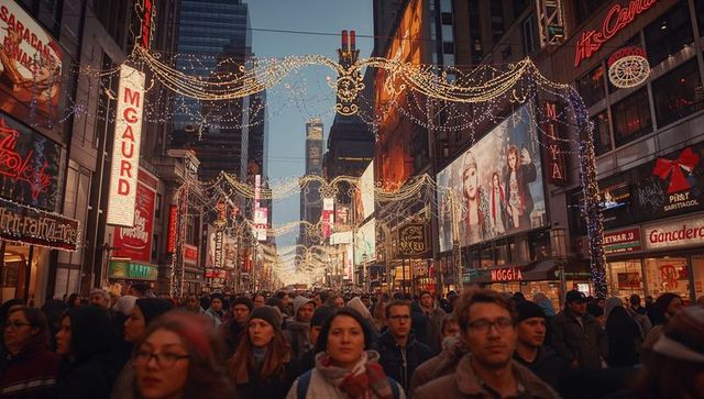Bustling Holiday Crowd Under Festive String Lights