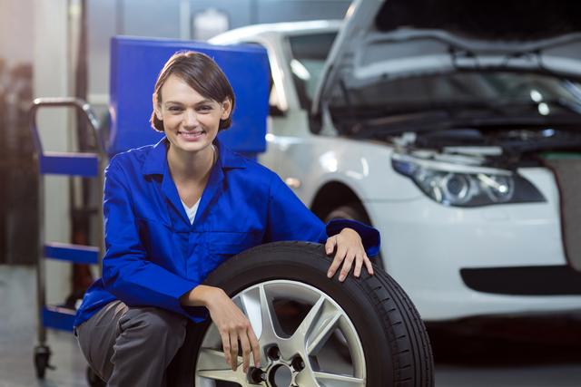 Portrait of female mechanic with a tyre in repair garage