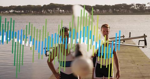 Rowing pair carrying shell on dock at sunlit lake, holding oars with waveform overlay