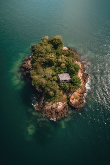 Aerial view of island in sea, with house, rocks and trees, created using generative ai technology. Nature, tranquility, isolation and landscape concept digitally generated image.