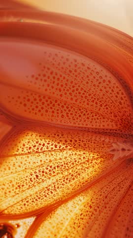 Vertical macro video panning across orange lily petal veins and stamen with warm sun flare