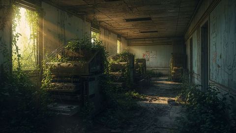 Abandoned industrial corridor with overgrown vines and derelict equipment