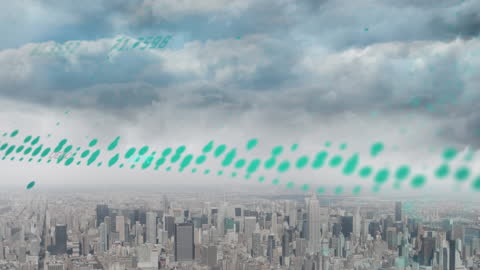 Digital Data Streams Flowing Over Modern Urban Cityscape