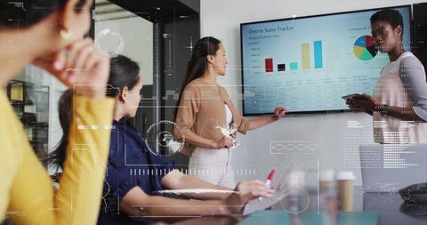 Diverse Team Analyzing Digital Sales Data during Business Meeting