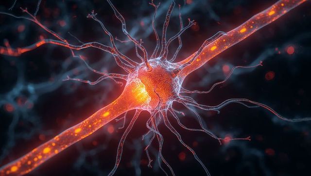 Glowing neuron transmitting signals along axon with moving vesicles and dendrites