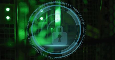 Futuristic cybersecurity HUD locking down server racks with green neon interface