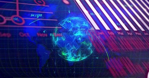 Holographic low-poly globe rotating inside futuristic hud with neon data visualization