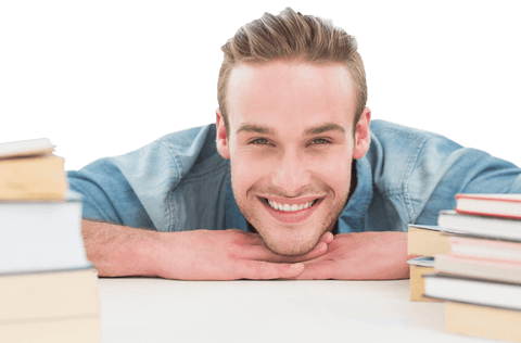 transparent portrait of smiling man leaning on desk surrounded by books - Download Free Stock Videos Pikwizard.com