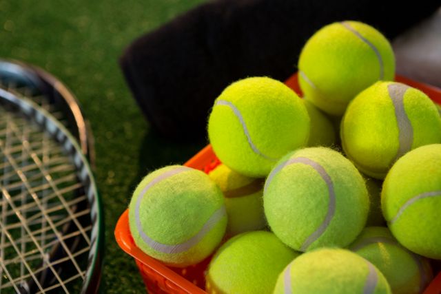 Close up of tennis balls in basket by rackets on field 