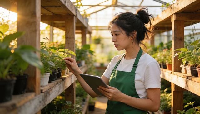 Greenhouse gardener checking seedlings with tablet during golden hour for nursery care
