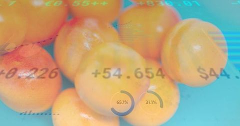 Apricots blending with financial data overlay showing charts, percentages and market prices