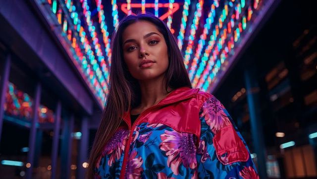 Young Woman in Floral Jacket Under Colorful LED Canopy Pursuing Nightlife