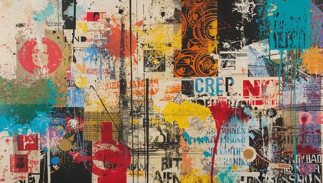 Vibrant urban collage mural featuring torn posters stenciled portraits colorful bold graffiti layers