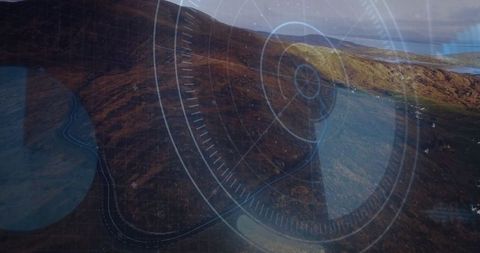 Rugged landscape with futuristic navigation interface