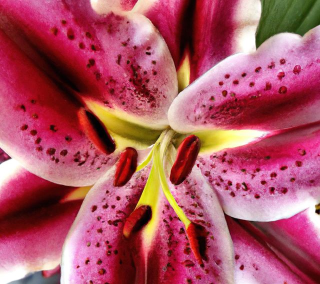 This image features a close-up view of a vibrant pink lily flower in full bloom. The detailed texture and color of the petals are captured beautifully. Ideal for use in botanical studies, gardening blogs, floral-themed designs, nature publications, or as decorative art prints.