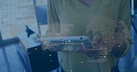 Businesswoman Holding Tablet with Global Data Overlay and Tech Dashboard in Modern Office