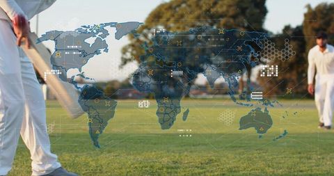 Cricket batsman preparing shot on sunlit grassy field with global data map overlay