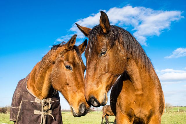 Two horses, closely interacting in a grassy field with a clear blue sky, embody a gentle and affectionate connection. Perfect for themes on animal companionship, love of nature, and equestrian activities. Suitable for use in animal welfare promotions, rural lifestyle blogs, and outdoor activities advertising.