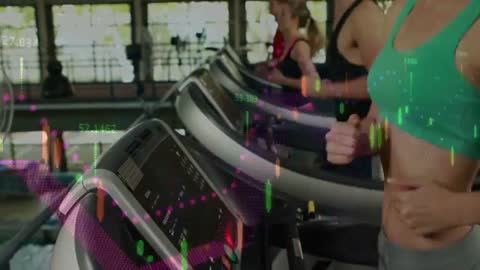Women Running on Treadmills with Smart HUD Fitness Overlays Showing Performance Data in Gym