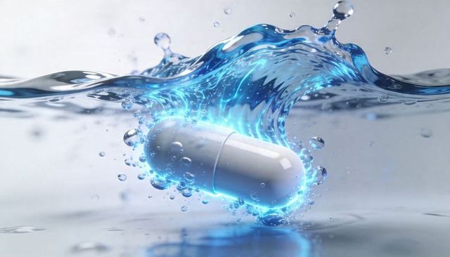 Glowing white capsule gliding through electric blue water splash with dynamic reflections