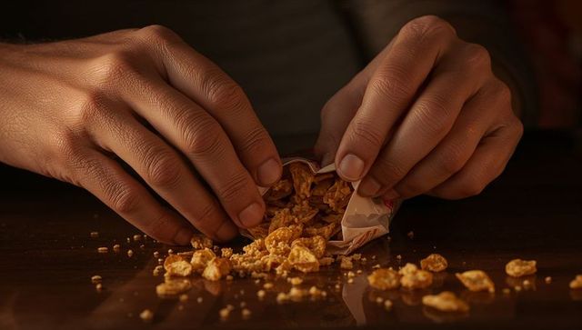Pouring crunchy flake snacks from crumpled bag spilling crumbs on wooden table