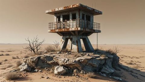 Rusted watchtower on rocky desert outcrop under clear sky after the apocalypse