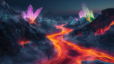 Surreal lava river flowing beneath crystal mountains at night