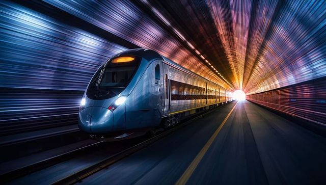 Blue-silver high-speed train racing through illuminated curved tunnel toward glowing exit