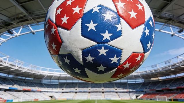 Patriotic star soccer ball hovering over stadium pitch with red white blue panels