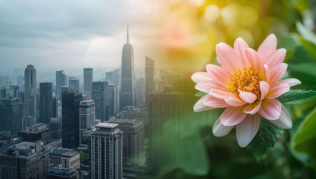 Urban bloom contrast: pink dahlia close-up blending with moody city skyline
