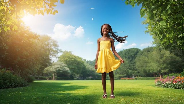 Smiling girl in yellow sundress standing on sunlit park lawn with braids and white sandals