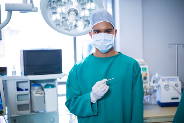 Male surgeon in green scrubs holding a surgical tool in an operating room. Ideal for use in healthcare, medical, and hospital-related content. Can be used to illustrate surgical procedures, medical professions, and healthcare environments.