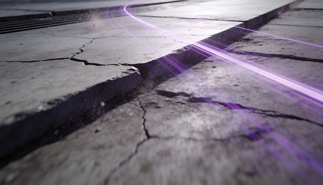 Cracked concrete seam with violet neon trails, futuristic pavement texture and glow