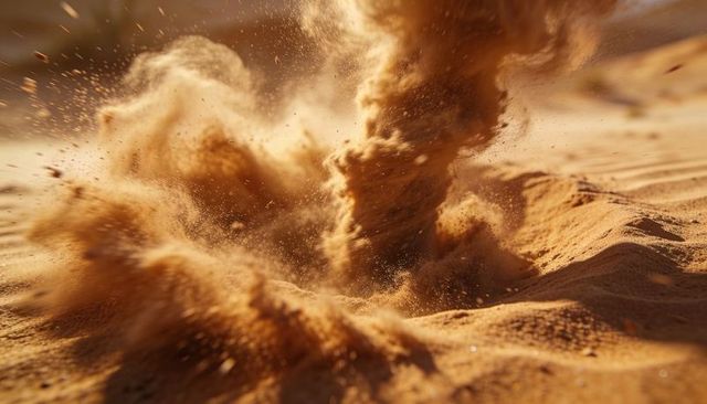 Swirling golden sand vortex rising from desert dune, windblown dust explosion closeup