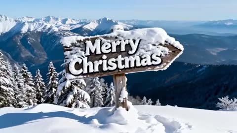Moving Camera Revealing Snow-Covered Merry Christmas Sign on Alpine Mountain Ridge