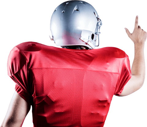 Transparent rear view of football player pointing new sign