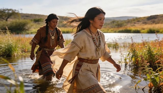 Wading through wetlands in embroidered tunics and beaded necklaces during golden hour by pond