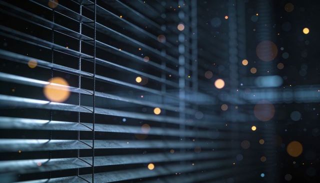 Moody venetian blinds glowing blue with drifting dust and warm bokeh lights, closeup