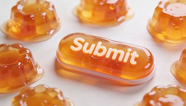 Glossy amber gel submit button surrounded by translucent flower jelly capsules