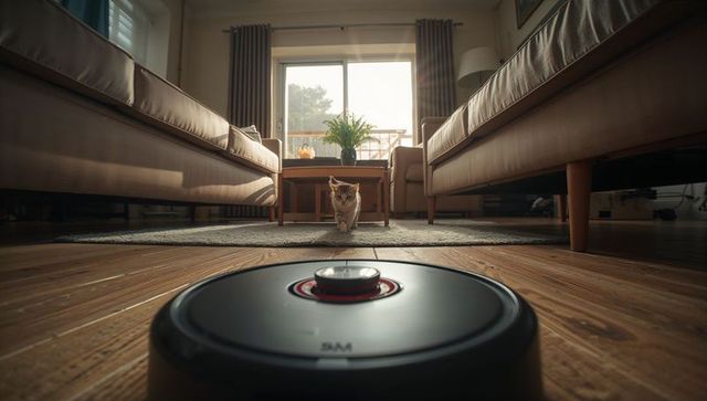 Ai robot vacuum moving towards cat in modern living room